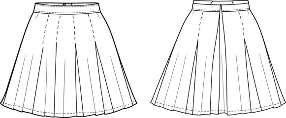 Pleated skirt technical sketch, waistband detail, front and back view, fashion flat drawing, garment construction, vector template, apparel design, illustration