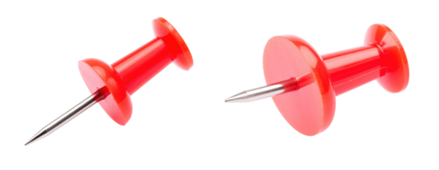 Close Up of Two Red Pushpins Isolated on White Background with Sharp Silver Metal Needles and Detailed Plastic Heads