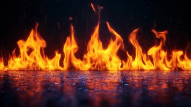 Vivid orange flames over a dark, slightly wet reflective surface