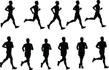 Running motion silhouettes, athlete poses, jogging sequence, sports training, fitness exercise, marathon runner, sprinting stages, biomechanics, workout, health, flat vector illustration