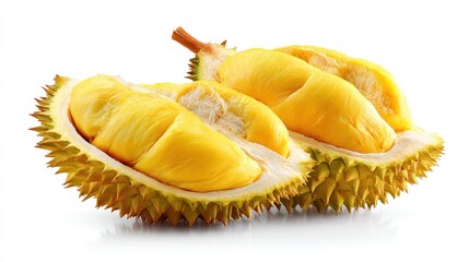 Cut durian fruit with yellow flesh and spiky skin on white background.