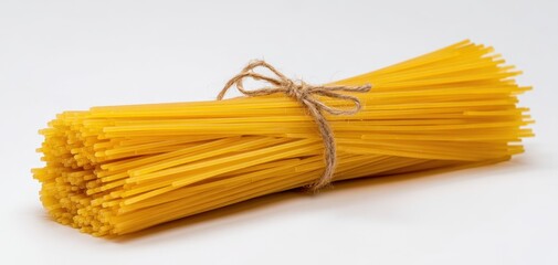 The bundle of uncooked spaghetti tied with twine showcasing Italian cuisine.