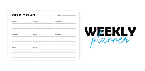 weekly,planner,plan flat vector printable weekly plan organizer template with simple table layout and notes section 