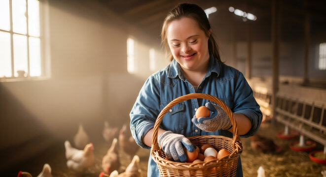 Woman with down syndrome collecting eggs in chicken coop. Happy female farmer working on animal farm. People with disability concept.