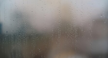 closeup view capturing the intricate condensation of fog on a window glass surface, showcasing the delicate patterns and textures formed as moisture interacts with the cold glass, creating a misty eff