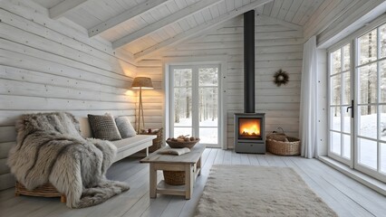 Cozy scandinavian log cabin living room with roaring fireplace and large windows overlooking winter scenery