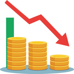 Investment Decline Concept Coins Stacked With Falling Arrow