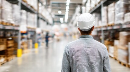 Man in hard hat walks through a warehouse with shelves full of boxes.