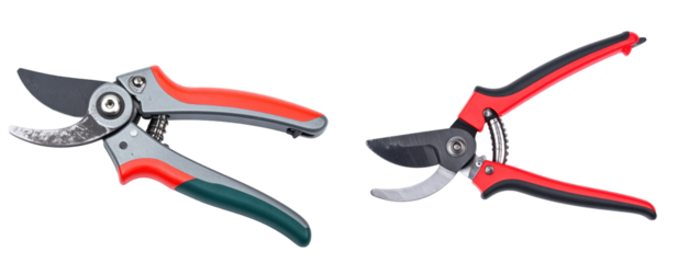 Two Secateurs with Red Handles Displayed Against a Solid Black Background Showcasing Cutting Blades and Metallic Construction