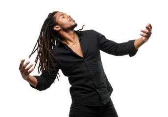 Man with dreadlocks in black shirt isolated on transparent background