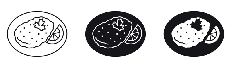 Plate with schnitzel vector icon set, a classic breaded meat schnitzel garnished with a lemon slice and fresh parsley . Vector illustration .