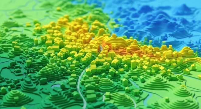 Colorful 3d Terrain Map with Contour Lines and Valleys for Geographic and Cartographic Visualization