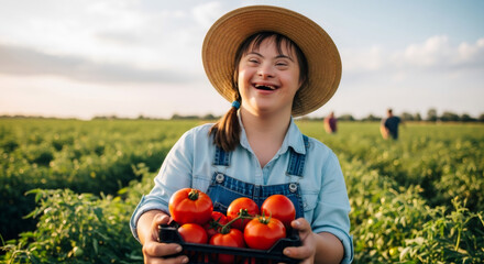 A woman farmer with down syndrome holding a crate of fresh red tomatoes in a sunny field. Agriculture and farming.