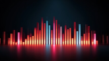 Abstract colorful bars reflect on a dark surface creating a digital equalizer.
