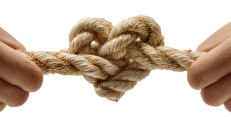 Two hands hold a rope, a heart-shaped knot in the middle