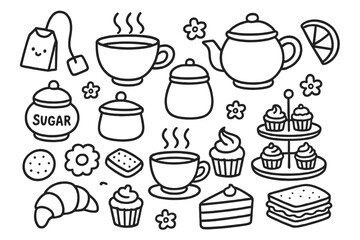 Hand-Drawn Teatime Essentials Doodle Collection of Tea Party Items and Snacks Vector Cartoon Set with Transparent Background, Includes Cups, Teapot, Cupcakes, Cookies, Sandwiches
