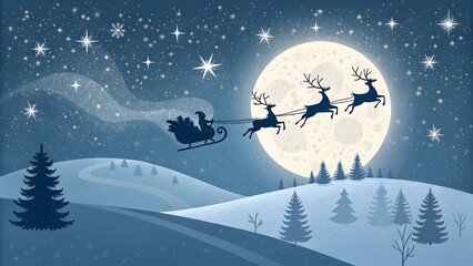 Santa claus and his reindeer flying across a starry night sky over snow covered hills