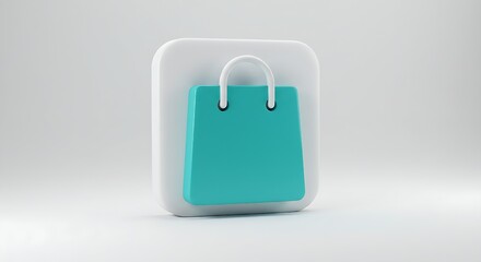 A modern 3D shopping bag icon in turquoise and white, ideal for representing online retail, e-commerce platforms, and mobile shopping apps.