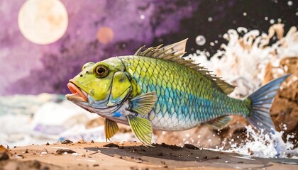 Colorful leaping fish in cosmic scene