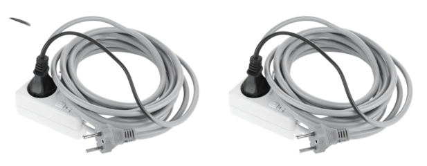 Gray Extension Cord with Black Plug and White Outlet Isolated on Transparent Background with Coiled Cable and Gray Plug