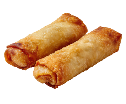 Two golden-brown spring rolls, crispy and slightly browned