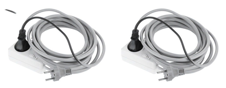 Gray Extension Cord with Black Plug and White Outlet Isolated on Transparent Background with Coiled Cable and Gray Plug