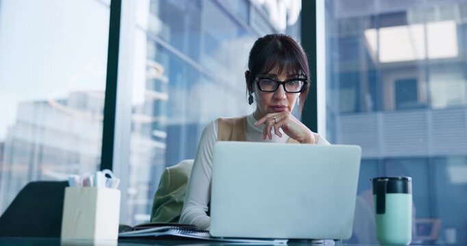 Writing, thinking and laptop with business woman in office for patent lawyer, license research and legal documents. Registration filing, reflection and online records with person in law firm