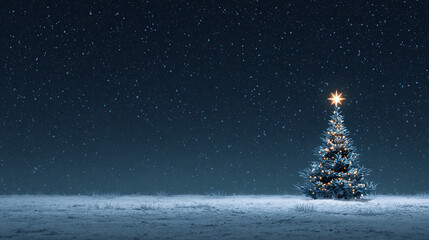 Snowy Night Landscape with Christmas Tree and Shimmering Star