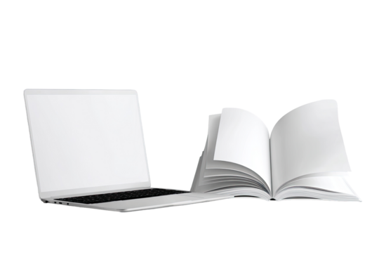 Laptop and open book, side view