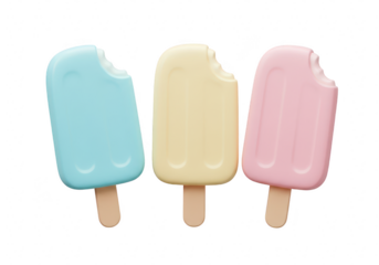 Three bitten popsicles in blue, yellow, and pink isolated on transparent background