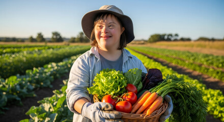 A young woman with down syndrome smiles holding a basket of fresh organic vegetables at a sunny farm field.