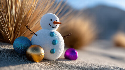 Obraz premium Snowman in desert scene with colorful ornaments and dry grass under bright sunlight creating playful contrast and cheerful mood