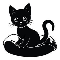 

A cute kitten sits upright, wearing a brown hat. Its large eyes and tiny nose give it an endearing look, while its tail curls around its side.