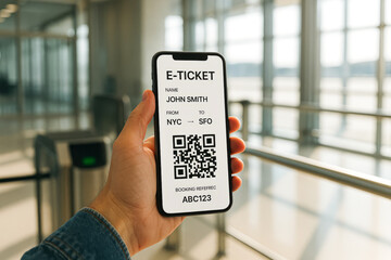 Hand Showing Mobile E-Ticket at Airport Security Gate