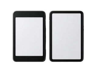Two black rectangular devices, side-by-side, each with a blank white screen