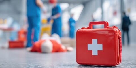 The red first aid kit in a healthcare training environment with CPR practice.