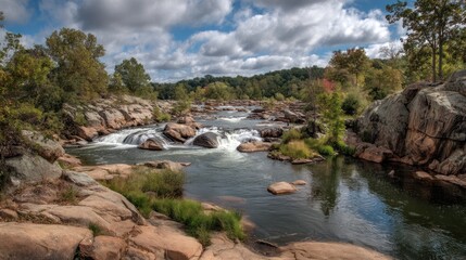 River flows through rocky landscape with trees and cloudy sky above.