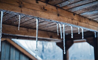 Icicles hanging from wooden beams create a stunning winter scene, showcasing the beauty of nature and the intricate details of frozen water droplets in a serene environment	