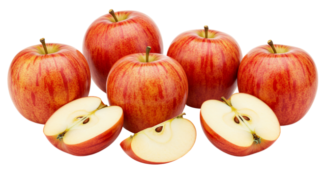 Red apples slices group isolated transparent background