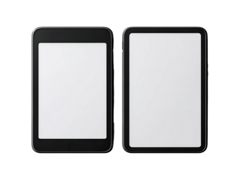 Two black rectangular devices, side-by-side, each with a blank white screen