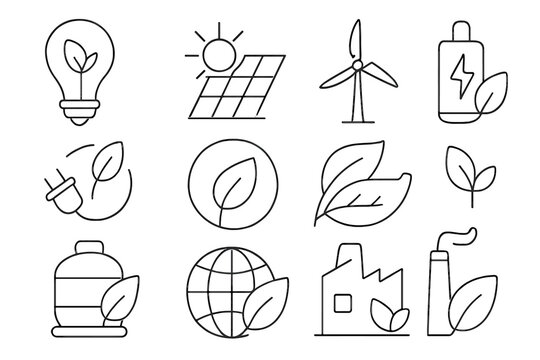 Green energy thin line icon set. Renewable and sustainable power sources. Ecology and environment vector symbols. Solar panel, wind turbine, biofuel, eco friendly collection.