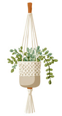A macrame plant hanger with a beige patterned pot and greenery