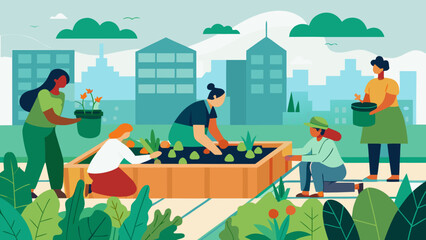 Group of people gardening together in an urban rooftop garden surrounded by buildings and greenery