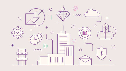 Modern smart city illustration with digital technology icons including cloud, security, location and data elements in minimal line style