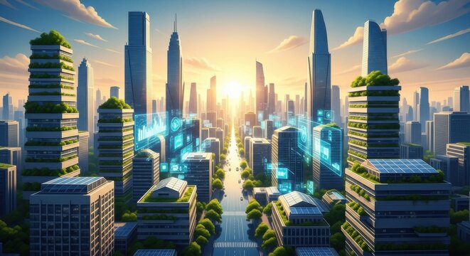Futuristic Smart City Skyline with Modern Skyscrapers and Digital Technology in Bright Sunset - Powered by Adobe