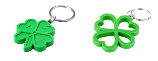 Two Green Clover Keychains Isolated On Transparent Background With Silver Metal Rings Representing Luck And Nature