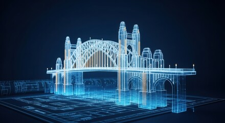 Futuristic Digital Blueprint of a Modern Bridge with Skyscrapers in Neon Blue Light