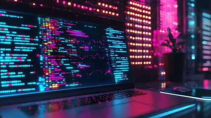 Laptop showing source code and graph in server room with pink and blue lights - Powered by Adobe