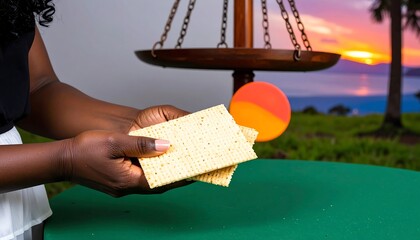 Woman holding matzah against a backdrop of a scale and sunset over water