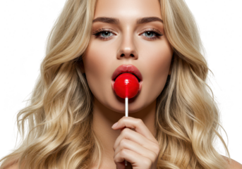 Beautiful woman with blonde hair eating a red lollipop isolated on transparent background